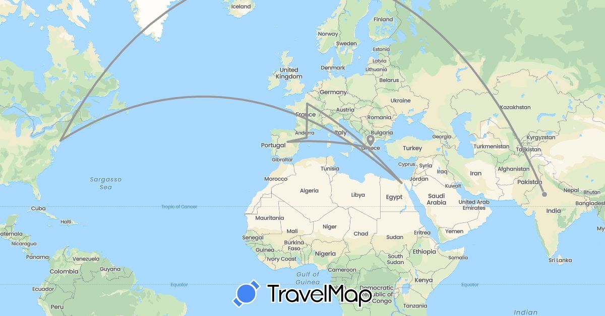 TravelMap itinerary: plane in Egypt, Spain, France, Greece, India, United States (Africa, Asia, Europe, North America)